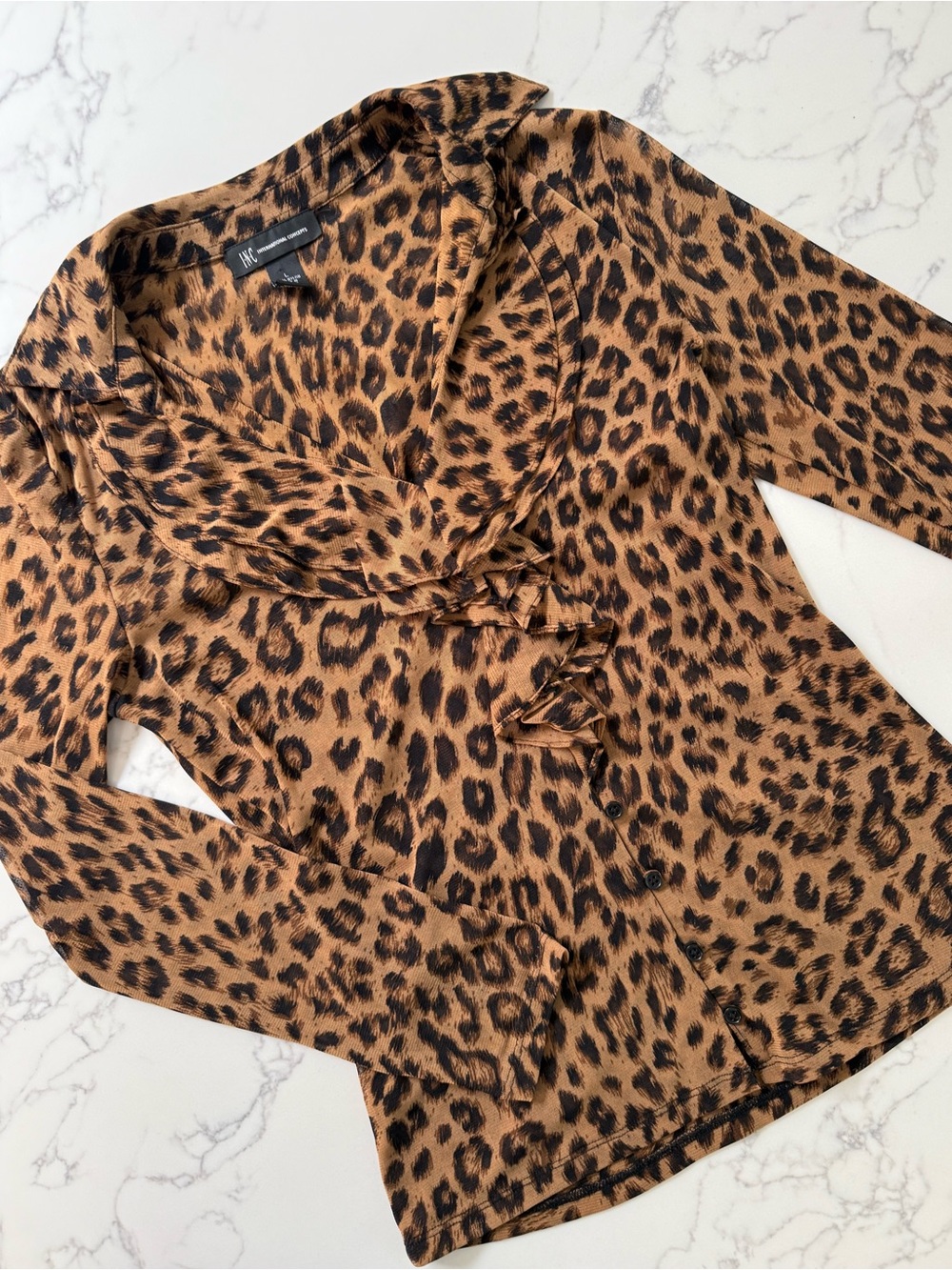 INC International Concepts Leopard Animal Print Ruffle Blouse - Size Large